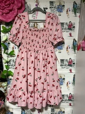 SHEIN Pink Cherry Smocked Puff-Sleeve Dress